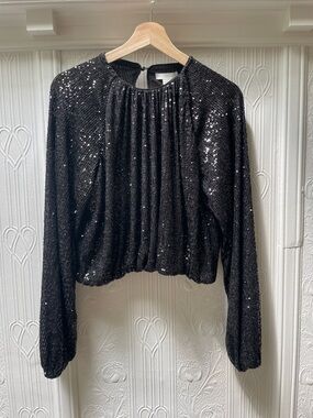 H&M Black Sequin Long-Sleeve Cropped Sweatshirt